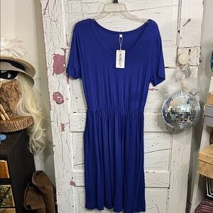 NWT AUSELILY Royal Blue Dress Pull Over MIDI Sz LG Elastic Waist Rayon Blend